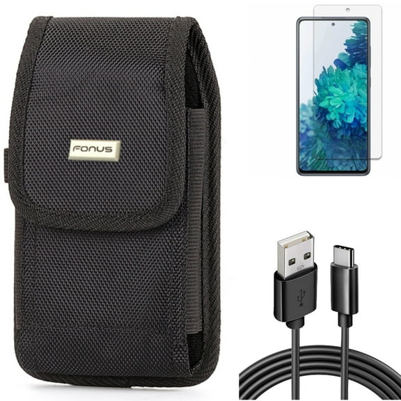 Screen Protector & Case Belt Clip & 6ft USB Cable for Samsung Galaxy S20 Fan Edition - Anti-Glare Tempered Glass   Rugged Holster   Type-C Charger Cord Combo