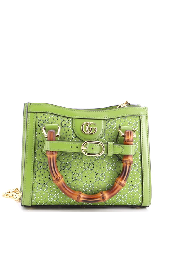 Pre-Owned Diana NM Bamboo Handle Tote Crystal Embellished GG Canvas Mini By Rebag