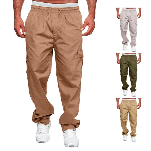 NinXxx Men's Versatile All Season Cargo Zipper Button Hem Solid Plus Size Outdoor Trousers Gold XXXL