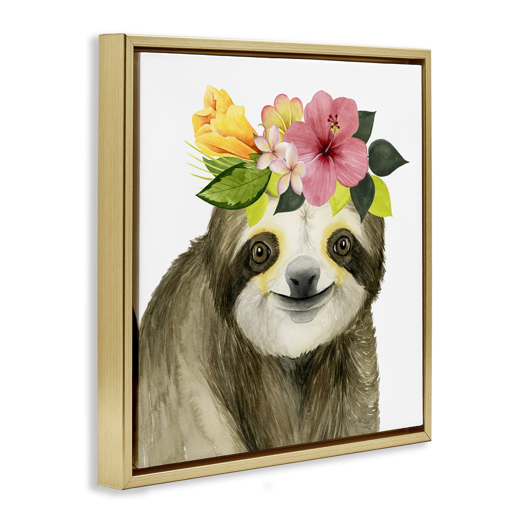 Stupell Industries Smiling Sloth in Flower Crown Animals & Insects Painting Gold Floater Framed Canvas Art Print Wall Art, 18 x 18