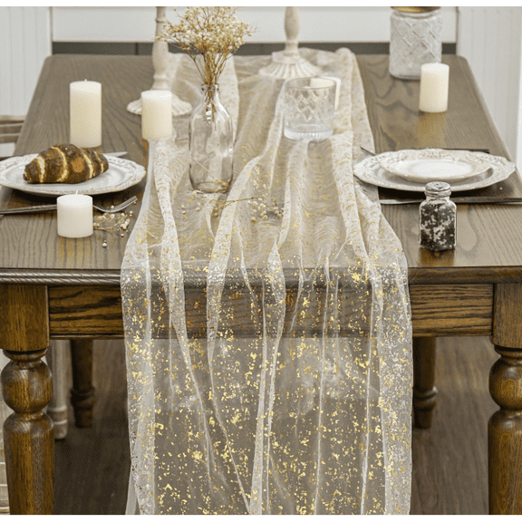 Beige Gold Gauze Table Runner, 28 x 120 In Sheer Polyester Table Runner with Metallic Foil, Glitter Table Decor for Dining Table, Wedding, Anniversary, Birthday and Holiday Party