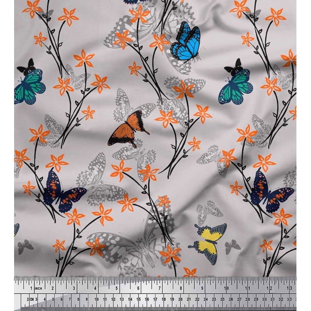 Soimoi Gray Japan Crepe Satin Fabric Flower & Butterfly Printed Craft Fabric by The Yard 42 Inch Wide