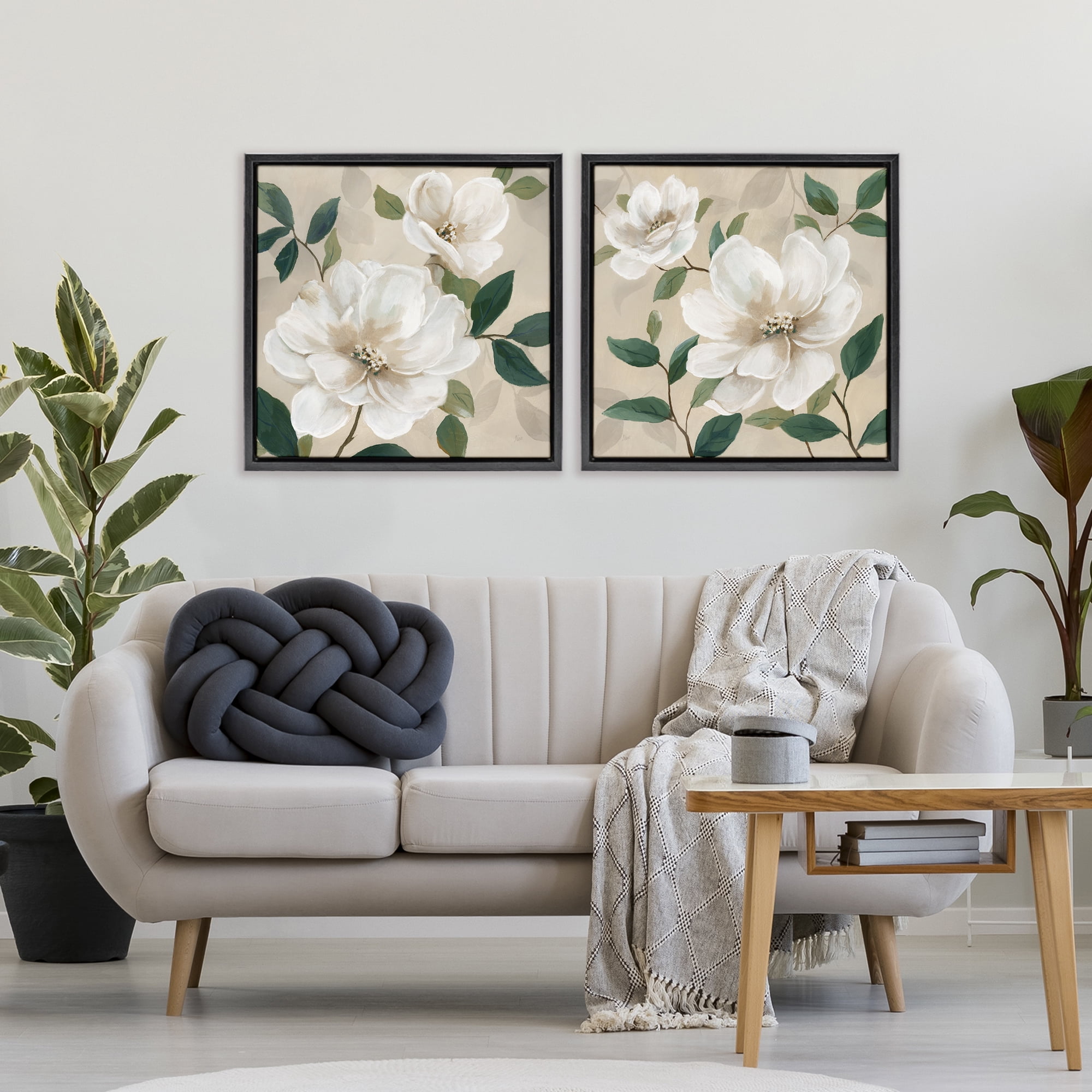 Stupell Industries Serene White Blossoms & Foliage 2 Piece Black Framed Floater Canvas Set, design by Nan