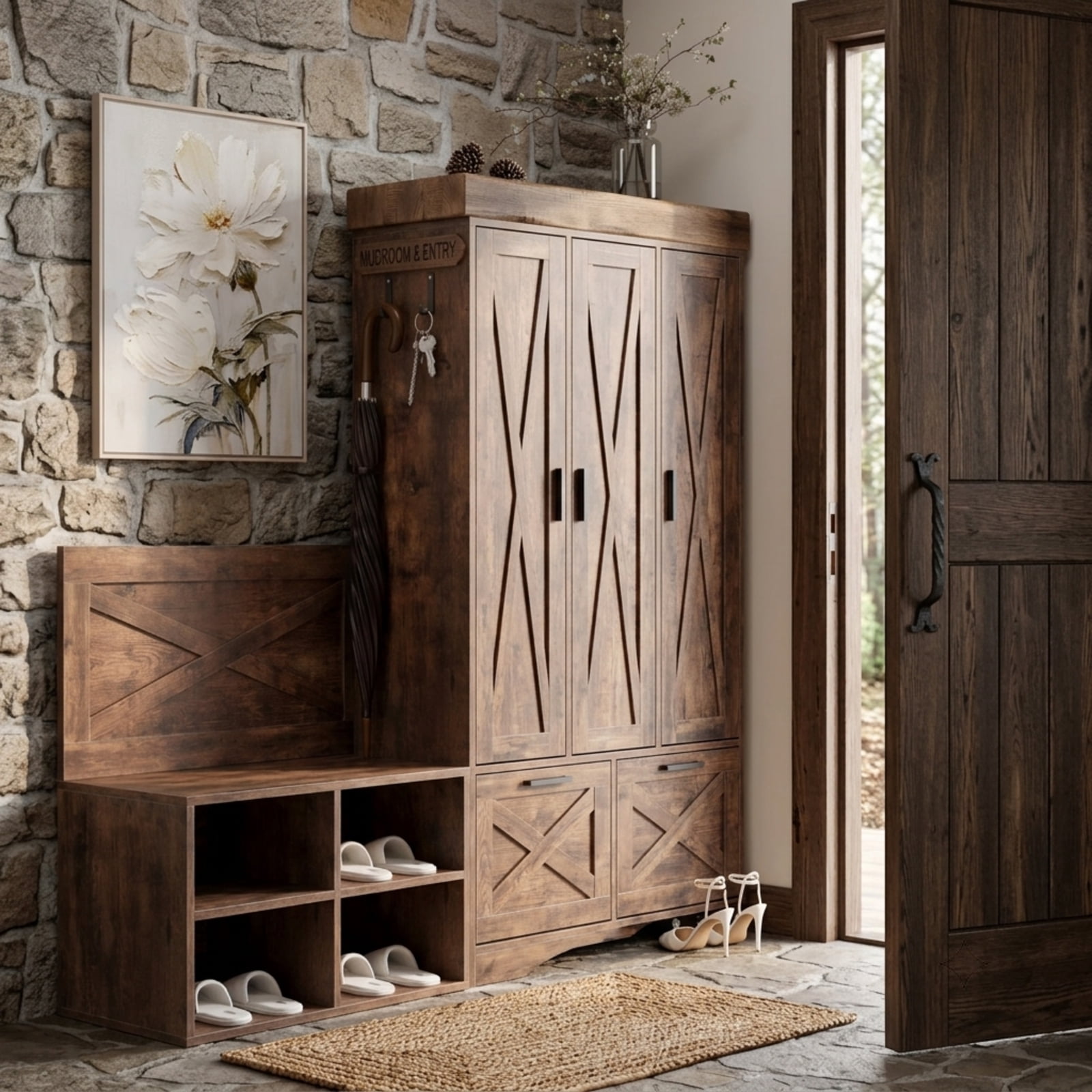 Fenbeli Shoe Cabinet with 5 Flip Doors, Slim Burnt Wood Storage Organizer with Adjustable Shelves, Freestanding Entryway Cabinet for Hallway Bedroom and Closet