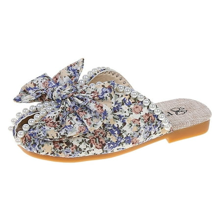

ZRBYWB Toddler Sandals Girls Bowknot Slippers Pearl Soft Sole Princess Shoes Floral Baotou Slippers