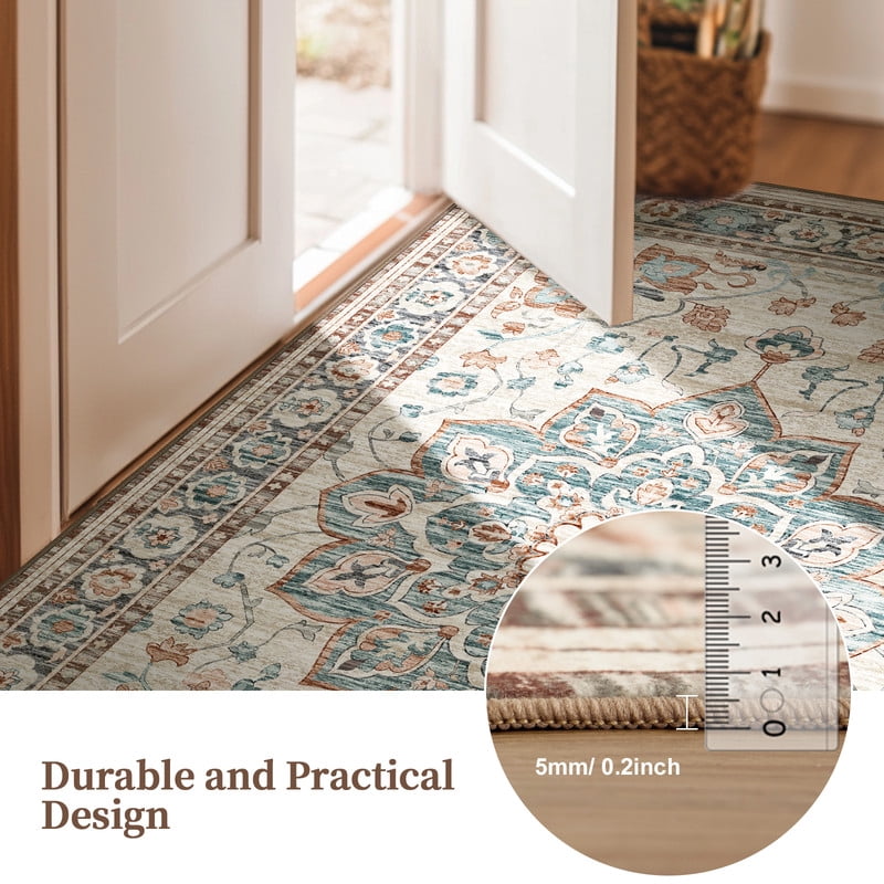 Gianna 8x10 FT Large Polyester Area Rug for Living Room, Machine Washable Low-Pile Rug with Non-Slip Backing, Durable Edge Binding for Bedroom, Dining Room, Vintage Style, Blue and Red