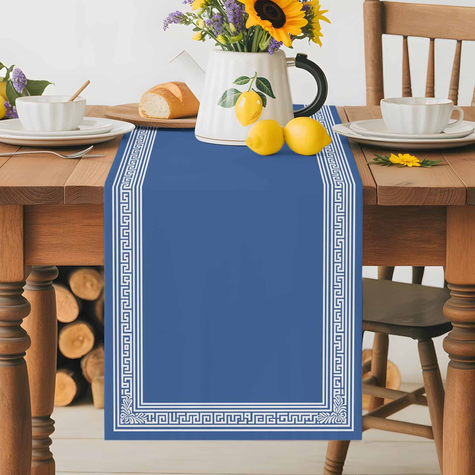Blue Back Pattern Retro Greece Table Runner 90 Inches Long, Abstract Geometric Texture Table Runners Tabletop Scarf Kitchen Dining Tables Decoration for Home Party Indoor Outdoor