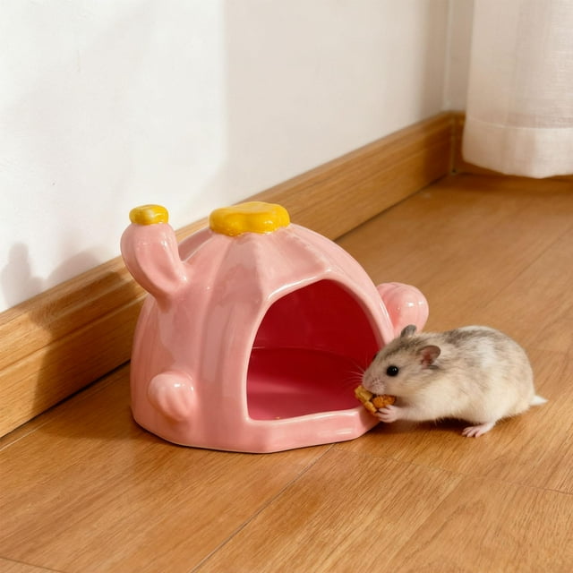 Hamster Casa Refugio de Cerámica con Comedero Decorativo para Animales Pequeños Casa Escondite Divertida Resistente Adecuada para Mascotas Decoración Rosa