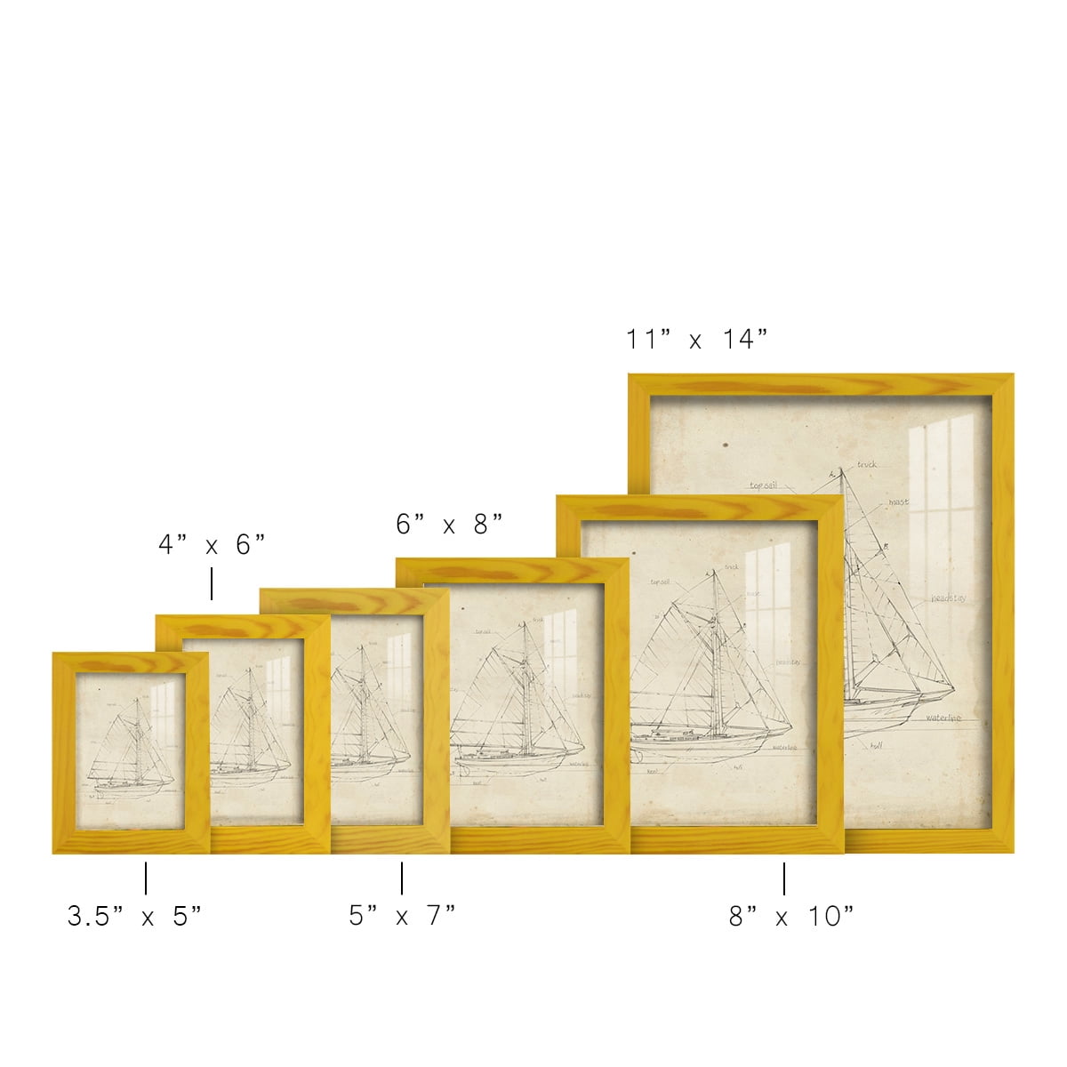 Sailboat Blueprint III -Framed Print w/glass-Sunflower Yellow