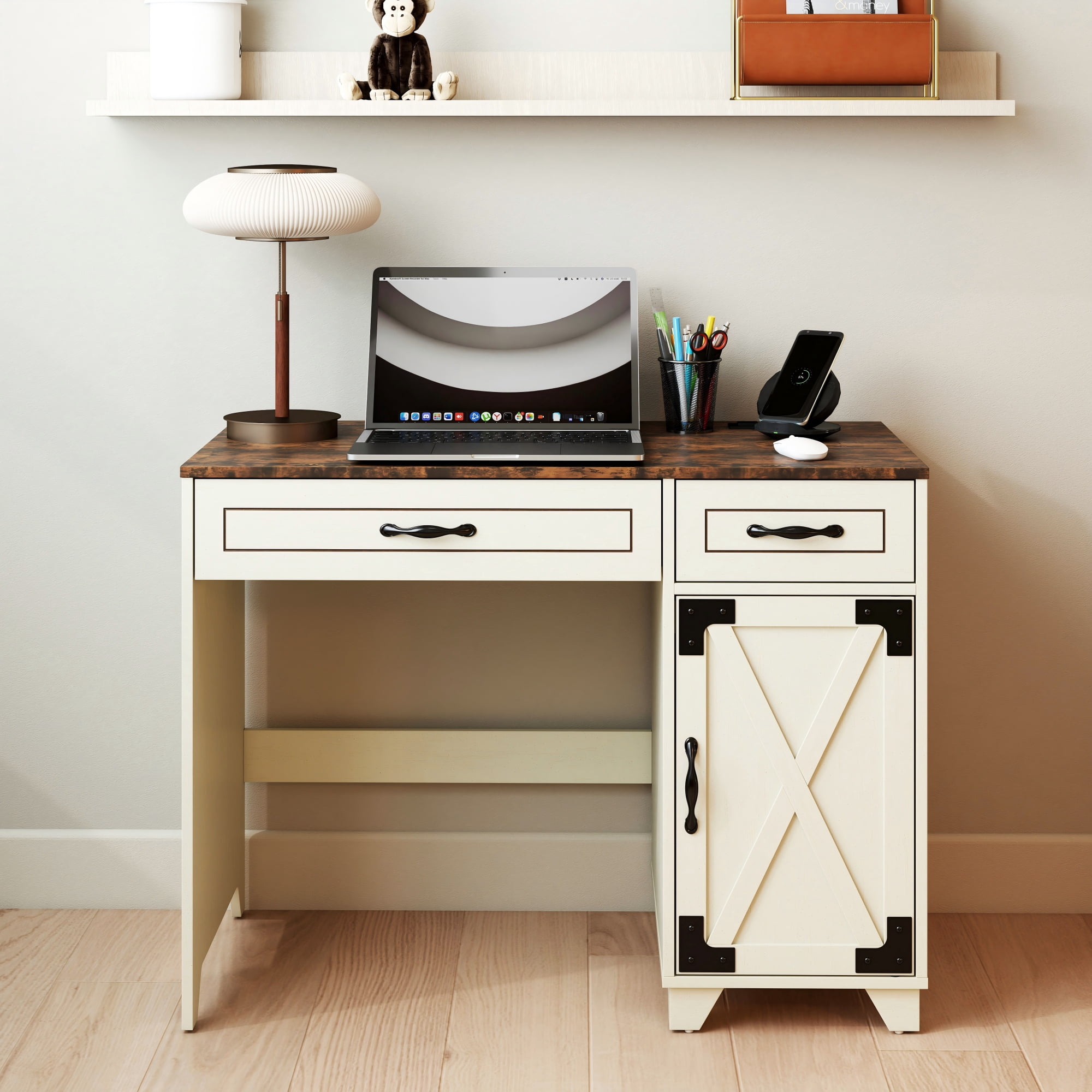 Manora Executive Desk, Modern Farmhouse Computer Desk with 2 Drawers & Cabinet, White Home Office Desk Writing Workspace for Work Study
