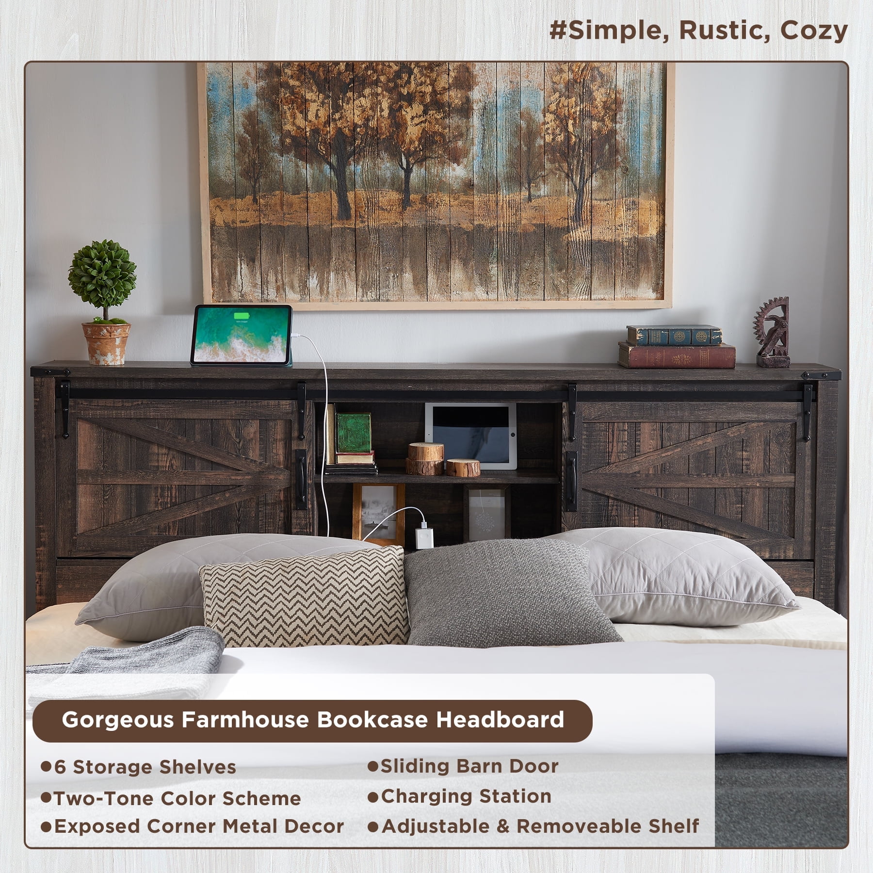 OKD Modern Farmhouse King Platform Bed with Bookcase Headboard Storage and Charging Station, No Box Spring Needed, Dark Rustic Oak