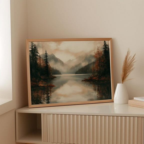 Moody Mountain Lake Wall Art Autumn Forest Reflections Print Rustic Misty Landscape Painting For Cozy Cabin Decor Wall Art, Modern Wall Decor, 8x12 UNFRAMED