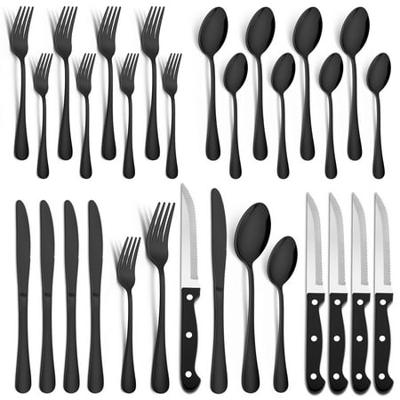

Vesteel 24 Pieces Black Silverware Set with Steak Knives Stainless Steel Flatware Cutlery Set Service for 4 Mirror Finish and Dishwasher Safe