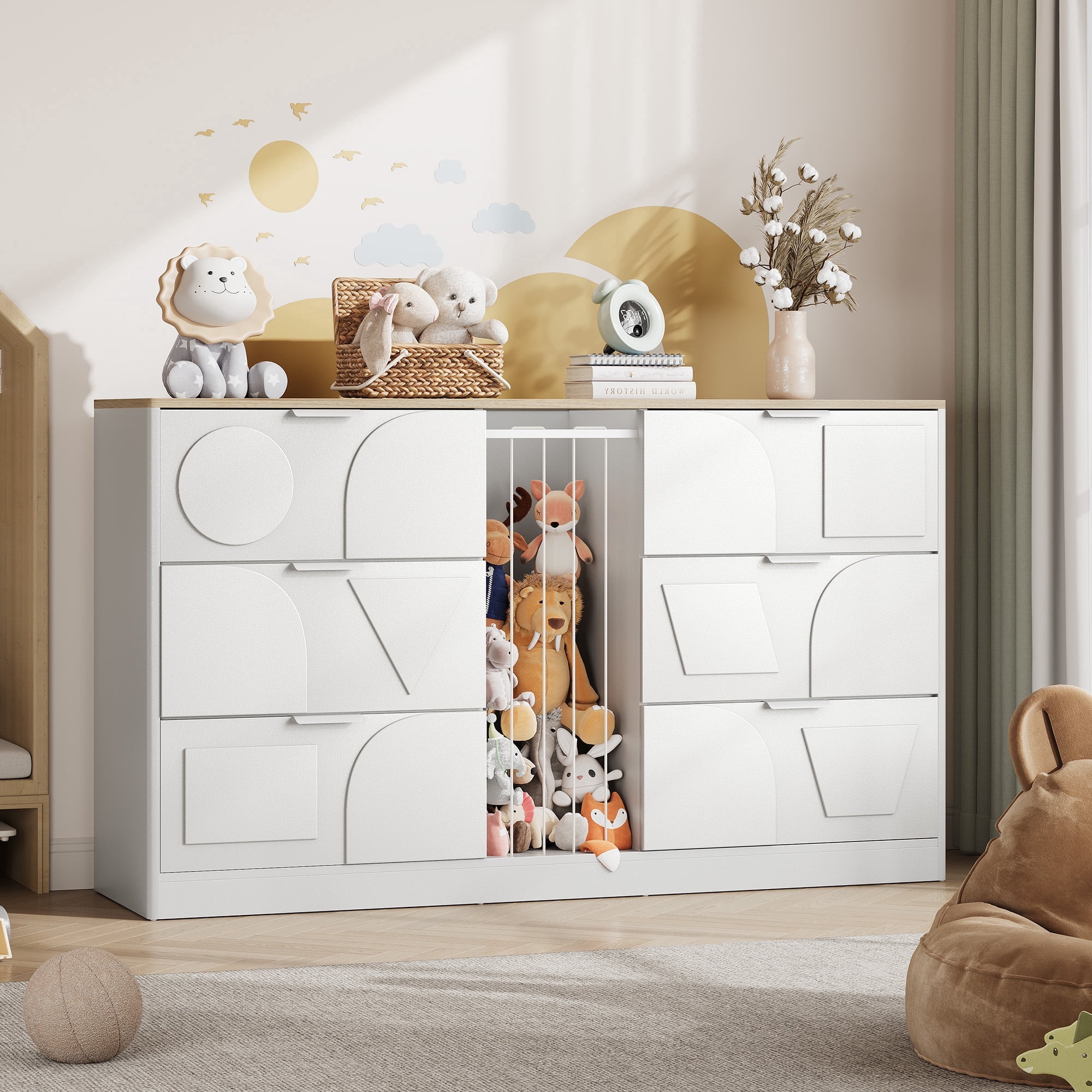 6 Drawer Dresser for Bedroom, 58.1" Wide Wooden Dresser with Geometric Patterns for Kids, Large Dressers & Chests of Drawers for Storing Toys and Yoga Mat