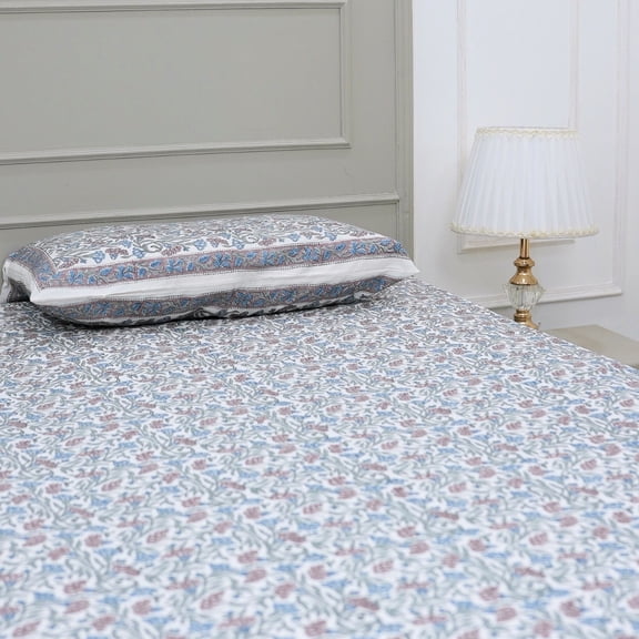 Fabdivine 90x82 Inch Elegant Hand Block Printed 100% Cotton Full Size Soft Bedcover Bedsheet with 2 Pillowcase Cover for Home Decor, Bedroom and Living Room (Throny Stems-Dark Blue & Brown)