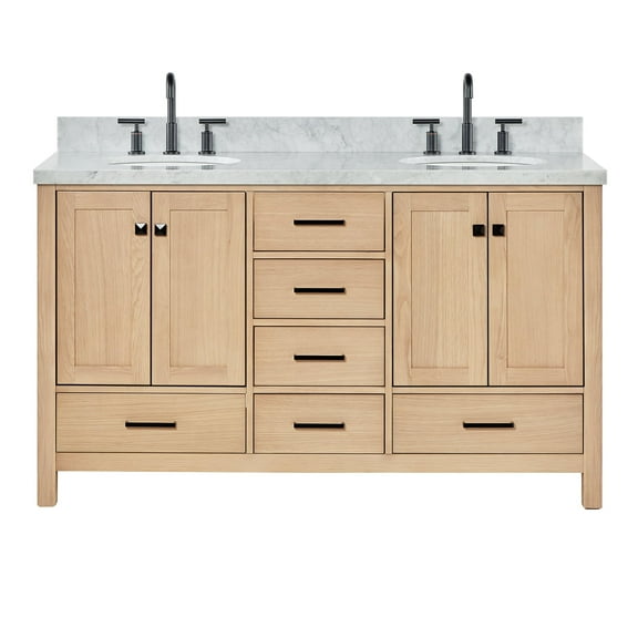 Ariel Cambridge 61 Inch Double Oval Sink Bathroom Vanity With Italian Carrara Marble Countertop 1.5 Inch Edge In Oak