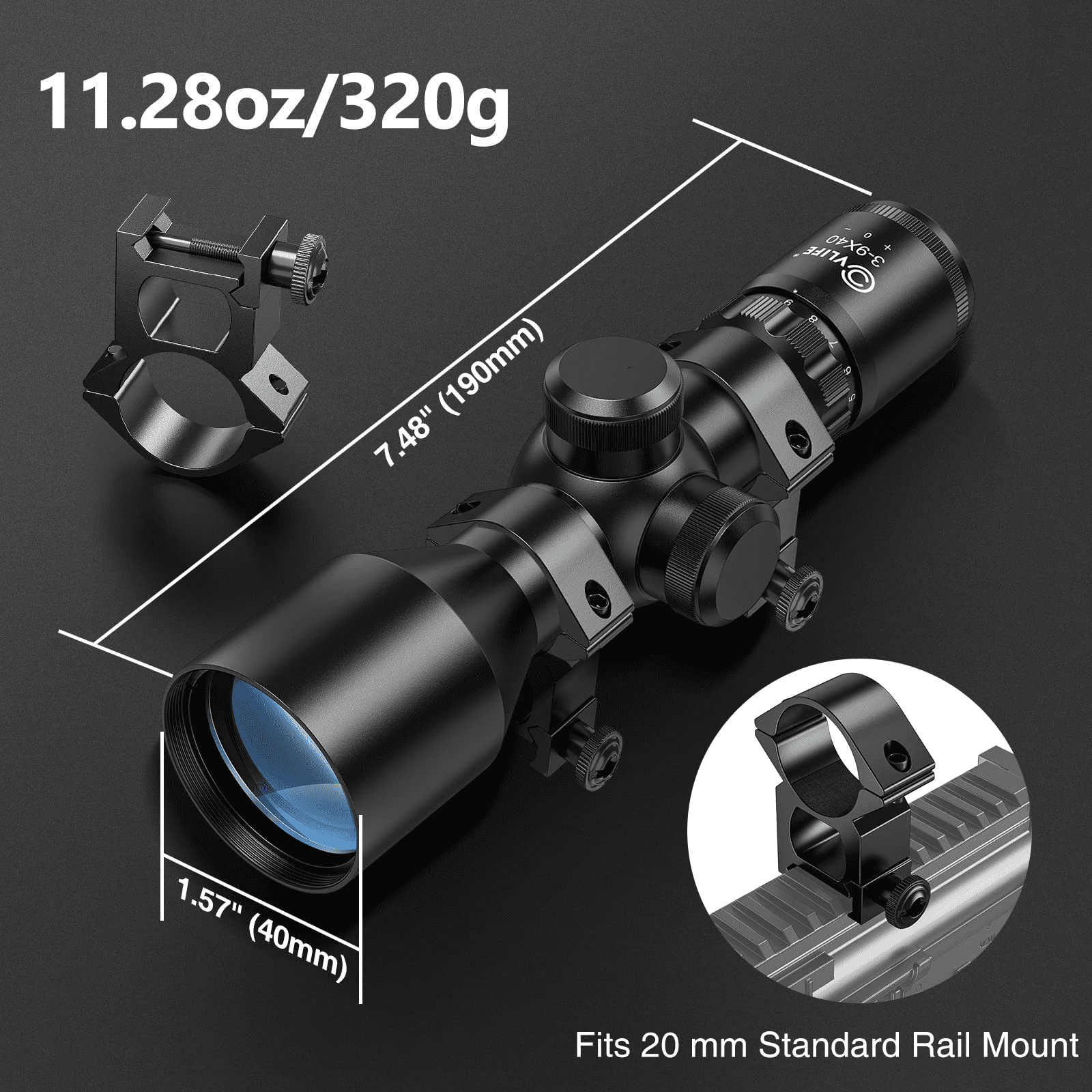 CVLIFE 3-9x40 Compact Scope Crosshair Reticle with Free Mounts