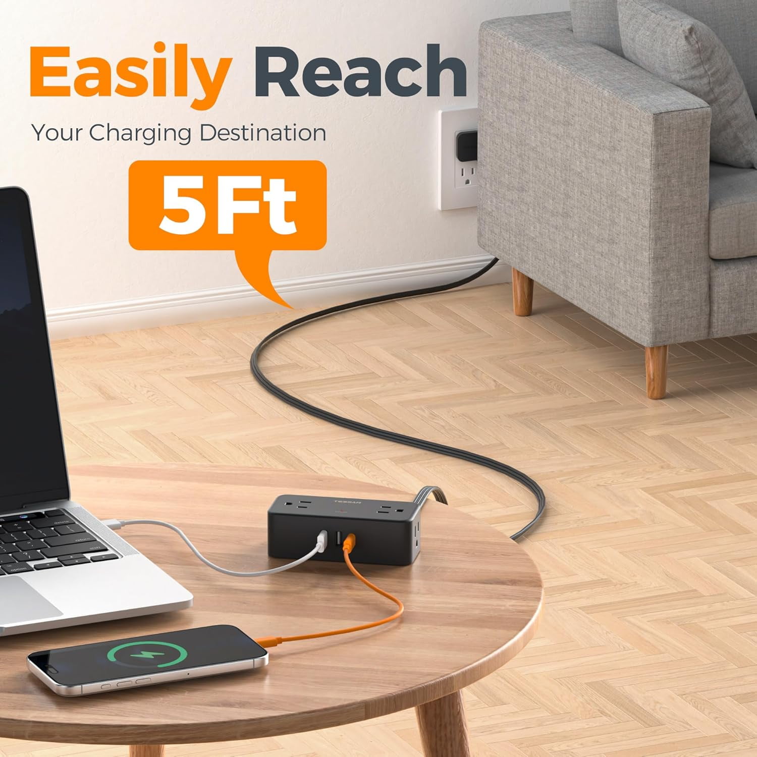 Black Extension Cord 5 Ft, Flat Surge Protector Power Strip with 4 Wide Spaced AC Outlets 3 USB Ports (1 USB C), Ultra Thin Flat Plug with 900J Surge Protection, Office Dorm Room Essentials