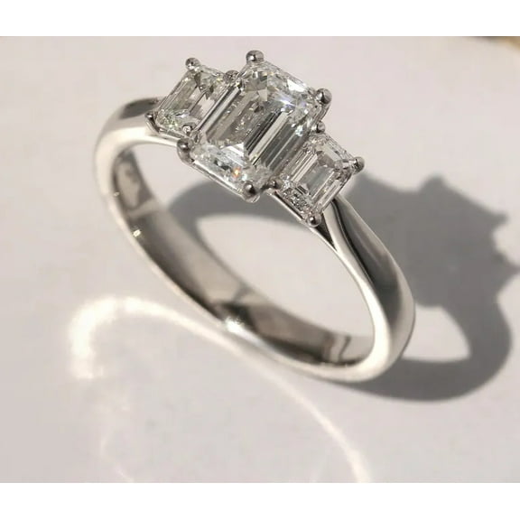 Elegant Engagement Ring Emerald Cut Moissanite Diamond Ring Three Stone Ring Anniversary Gift for Her