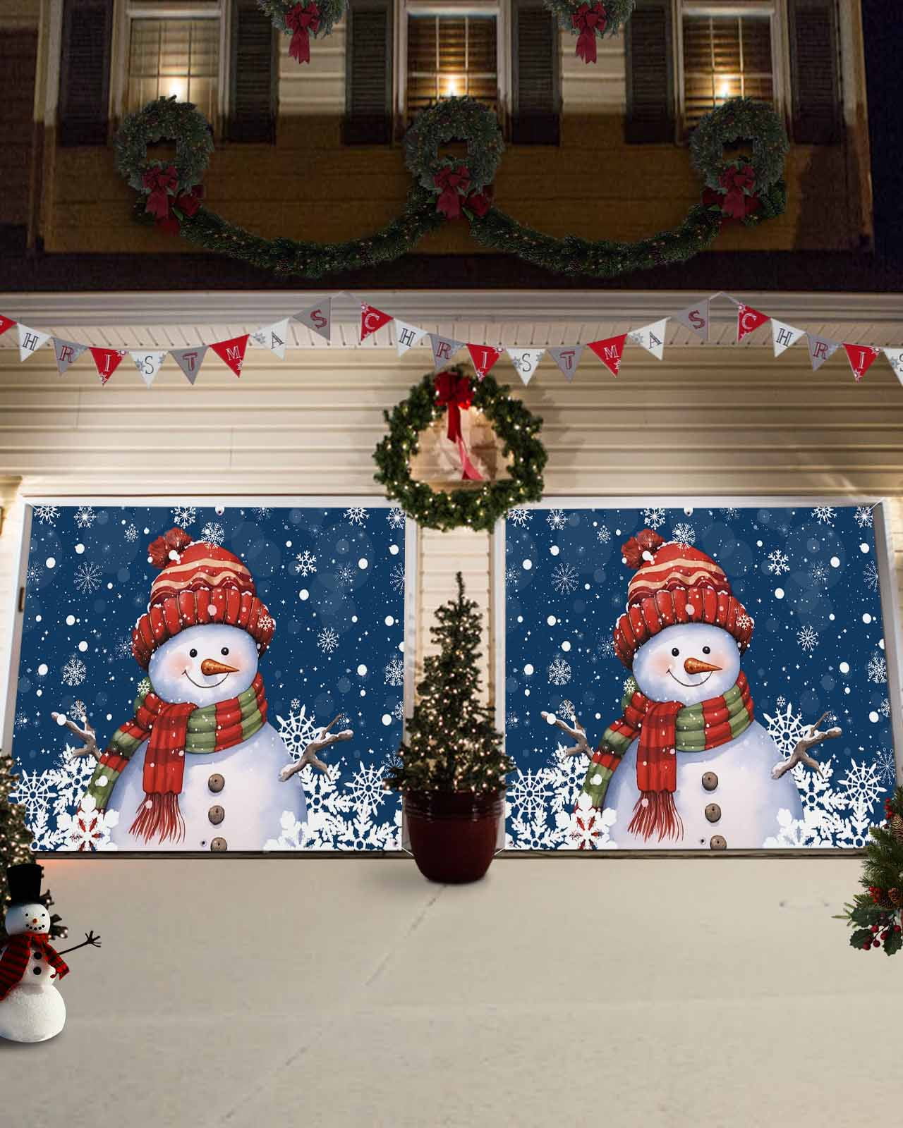 Garage Door Banner Cover 6 x 13 ft, Christmas Snowman with Cap Xmas Tree Snowflake Navy Blue Christmas Garage Door Decorations Holiday Christmas Backdrop Decor for Winter New Year Xmas Party
