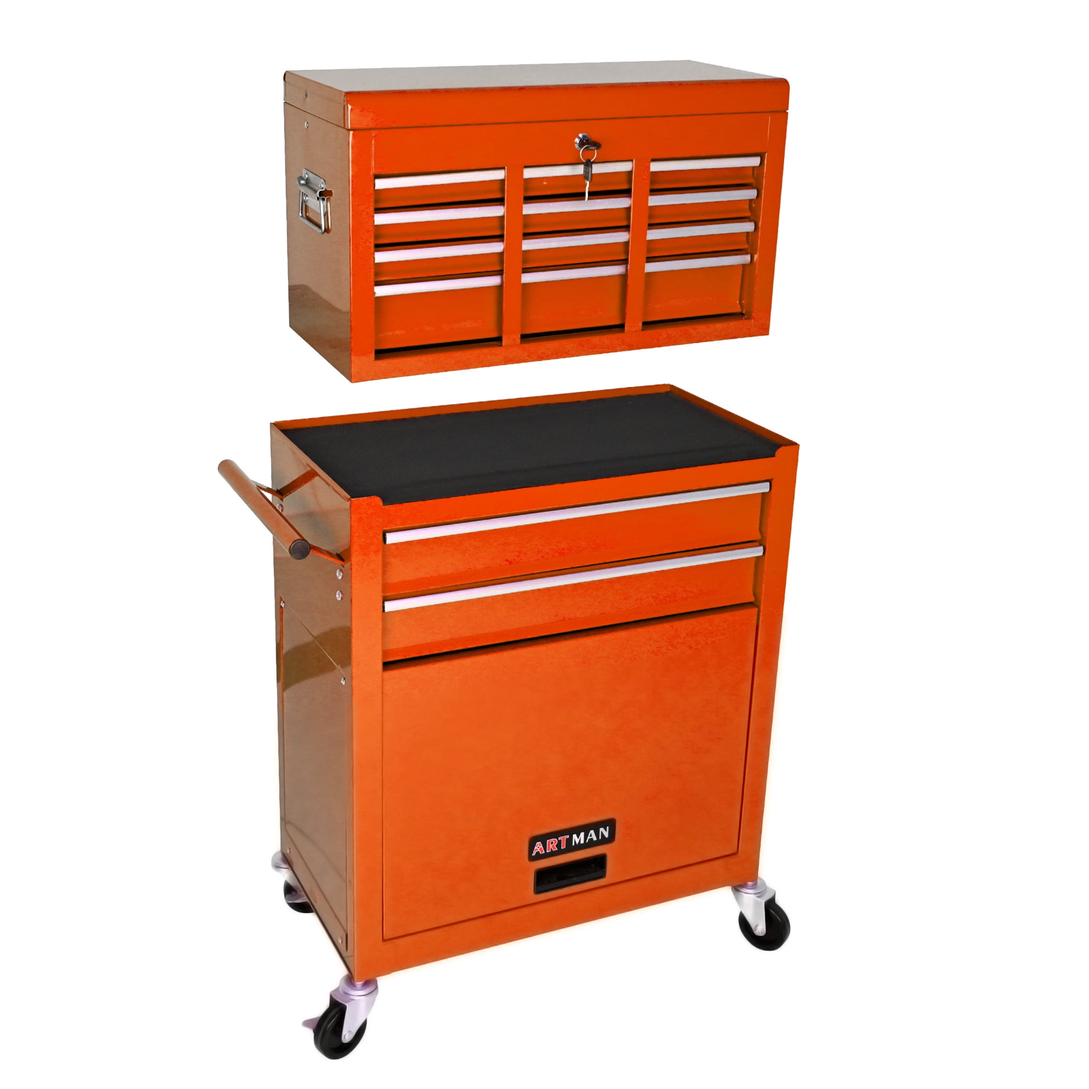 Noble House Heavy-Duty Rolling Tool Chest, 8-Drawer Steel Storage Box Organizer with Detachable Box, Orange