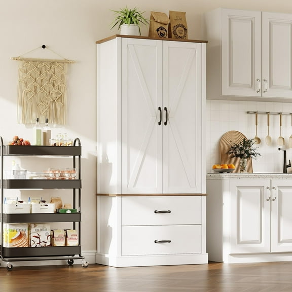 Litake Kitchen Pantry Storage Cabinet with Barn Doors, Drawer, and 2 Adjustable Shelves, Freestanding Tall Hutch with Microwave Stand for Kitchen, Dining Room, White