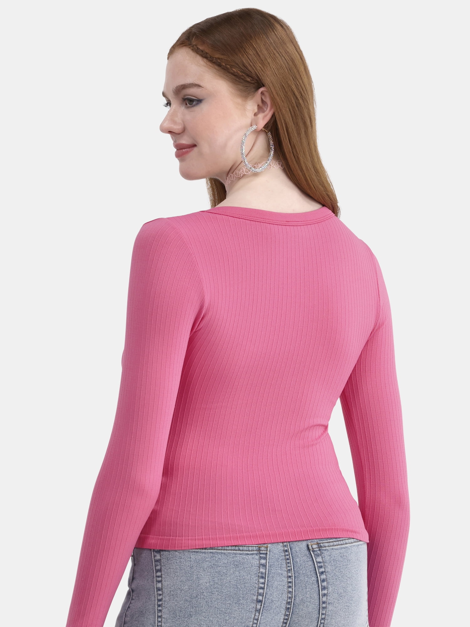 No Boundaries Women's Seamless V-Neck Ribbed Long Sleeve Slim Fit