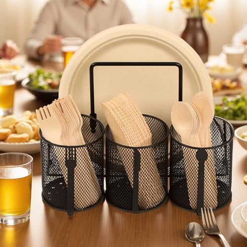 Metal Utensil Caddy Silverware Holder, Paper Plate Holder Cutlery Container,Plate Organizer Flatware Storage Basket Party Camping Picnic Buffet RV BBQ Farmhouse Kitchen Countertop