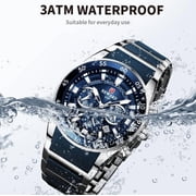 Men's VIP Luxury Chronograph Watch, blue dial, stainless steel case, silicone strap, water-resistant sports watch with date display, chronograph, luminous hands, stainless steel and silicone strap.