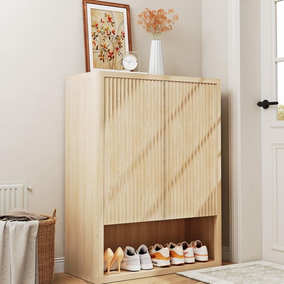 Ataucjin 5-Tier Modern Shoe Cabinet,45inch Tall Shoe Cabinet Freestanding Entryway Storage Shoe Rack with 2 Fluted Doors and Adjustable Shelves for Living Room Porch Hallway
