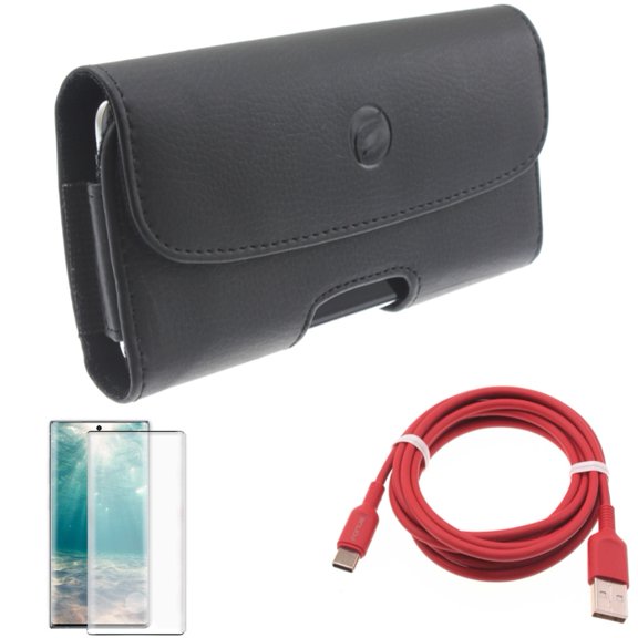 Screen Protector & Case Belt Clip & 6ft USB-C Cable for Samsung Galaxy Note 20 (6.7") - Combo with Tempered Glass (Fingerprint Unlock) & Leather Holster & Red Charger Cord