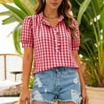 thumbnail image 5 of Ichuanyi Womens Button Down Plaid Shirts Short Sleeve Loose Summer Tops Dressy Casual V Neck Business Work Blouses, 5 of 8
