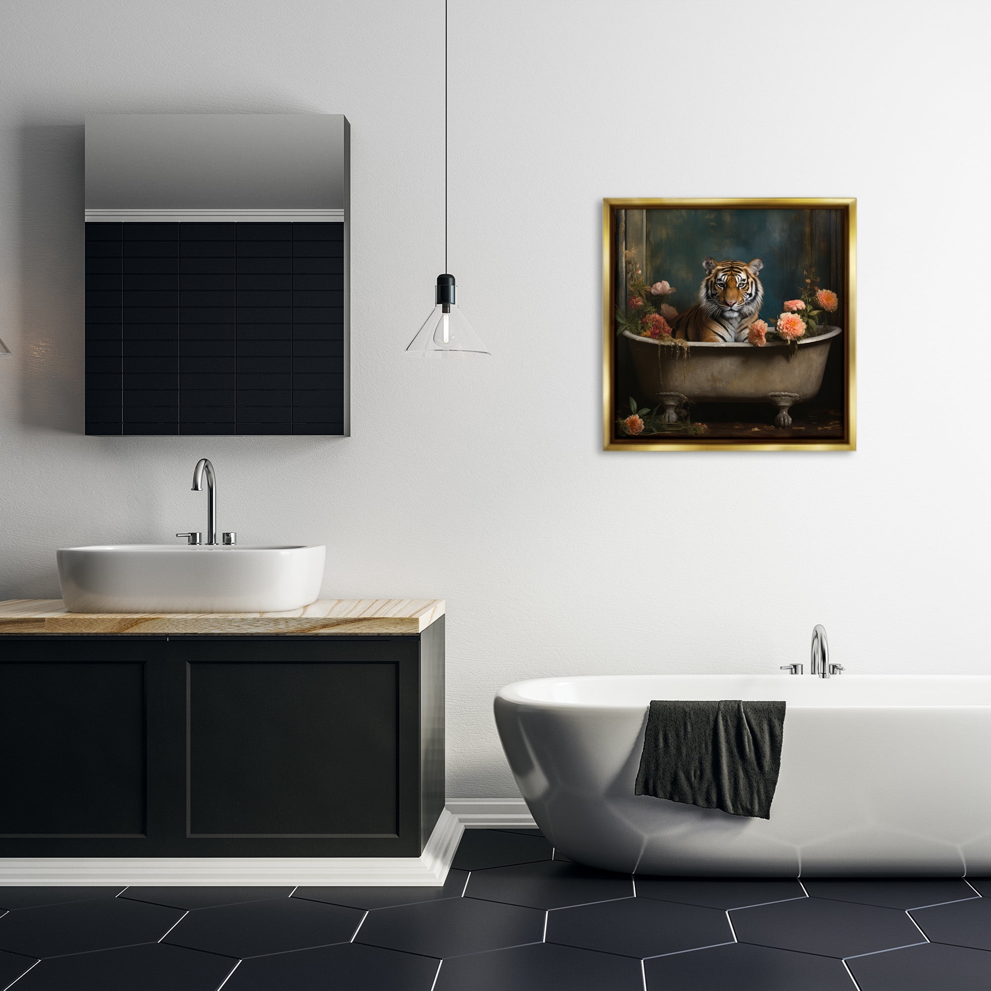 Tiger in Floral Bathtub Gold Floating Frame Canvas Art, 25 x 25
