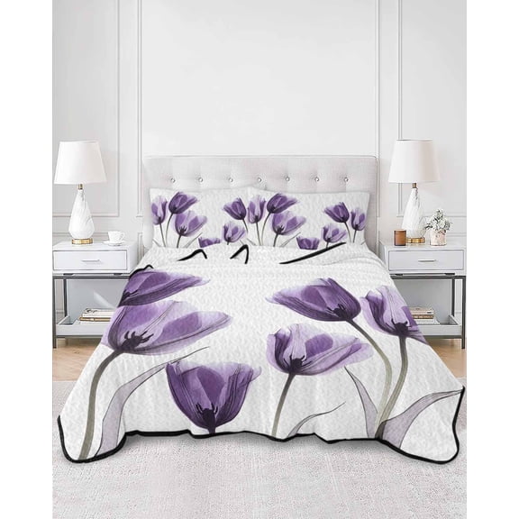 Quilts Queen Size, Purple Tulip Floral Soft Comforter Bedding Set for Bed, Pastel Country White Wildflower Lightweight Quilted Bedspread with Pillow Cover(2 Pieces) for All Season, 90x96 Inch