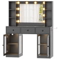 thumbnail image 2 of Zimtown Makeup Vanity with 3 Colors Light Mirror, Glass Top Vanity Desk with Two Glass-Door Storage Cabinets & Charging Station, Black, 2 of 7