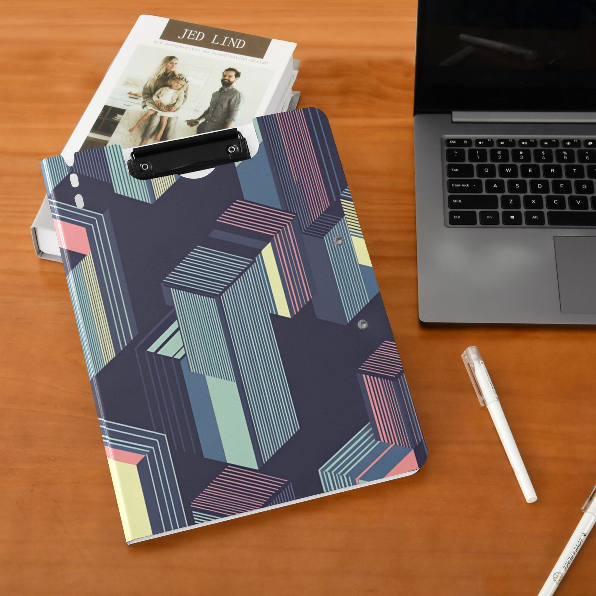 FORMRS A4 Clipboard Folder with Pen Holder Horizontal Foldable School Office Binder, Cube Stripes