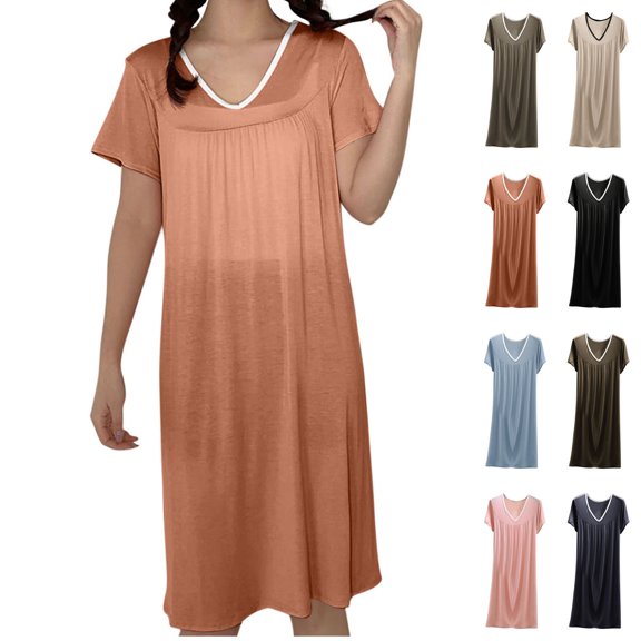 Akafmk Tshirt Nightgowns for Women Cottons Pajamas Dress V-Neck Short Sleeve Nightshirts Solid Knee Length Sleepwear Nightdress, Sizes XXL