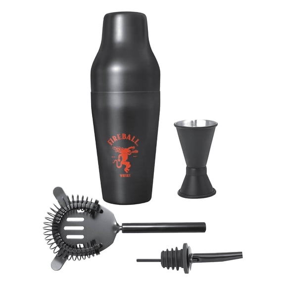 Fireball 4 Piece Shaker Set – Includes a Pourer, a Hawthorne, a Shaker and a Jigger, Drink Shaker for Bartending and Home Bar Essential Bar Tools