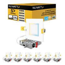 NUWATT 6 Pack 6 Inch Square Ultra-Thin LED Recessed Lighting, Selectable 2700K/3000K/3500K/4000K/5000K, High Brightness 1050 Lumens Dimmable, White Canless Slim Wafer Light, IC Rated, Metal J-Box