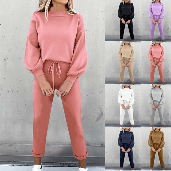 2 Piece Sets for Women Sawvnm Women's Fashion Two Piece Sets for Women - Solid Color Round-Neck Long Sleeve Top and Pants with Elastic Waist