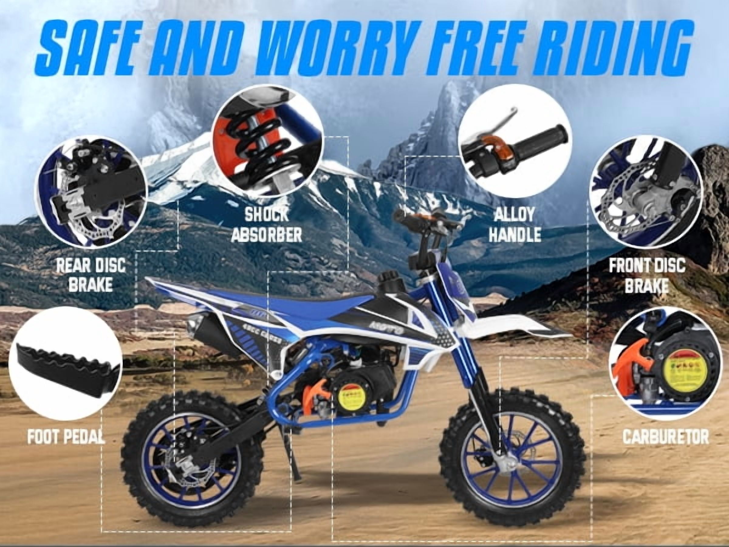 Mohsoe 49CC Mini Gas Motocross Bike, 10" Inflatable Tires & Upgraded Braking, 25H High-Speed Chain, Blue & White