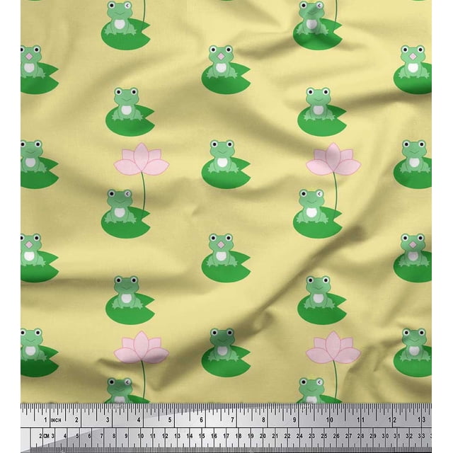 Soimoi Modal Satin Fabric Lotus & Frog Kids Fabric Prints by Yard 42 Inch Wide