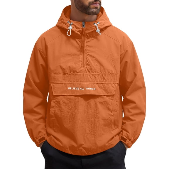 Men's Cargo Jacket, Loose Fit Hooded Coat With Half Zipper, Spliced Multi-Pocket Design For Outdoor & Work Orange XL
