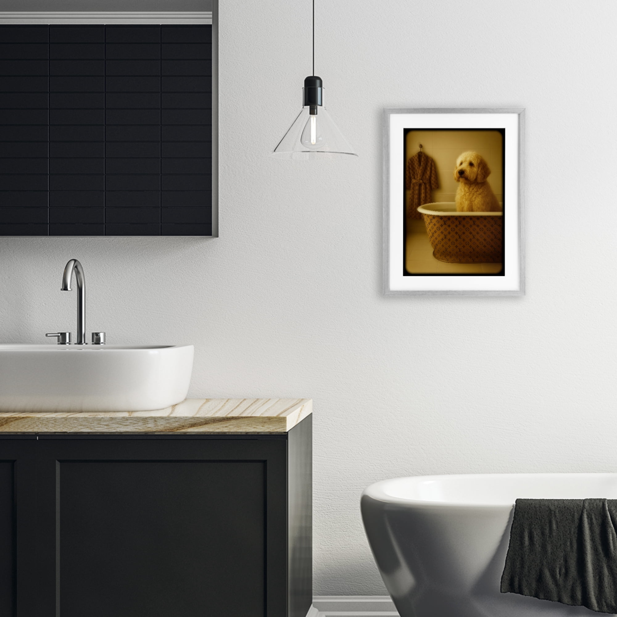 Stupell Industries Couture Dog in Luxury Tub Gray Framed Print Under Glass, design by Grotto Studios