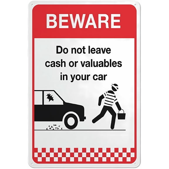 Beware No Cash/Valuables in Car 8"x12" Funny Decor Sign, Rust Free Aluminum Metal Sign, Pre-Drilled Holes, Weather Resistant, House Office Business Yard Sign