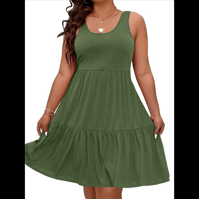 Vestidos de Verano para Mujer, de Gran Tamaño, con Hombros Descubiertos, Lisos, Sin Mangas, con Volantes en el Bajo, Vestidos Cortos con , Verde XXL