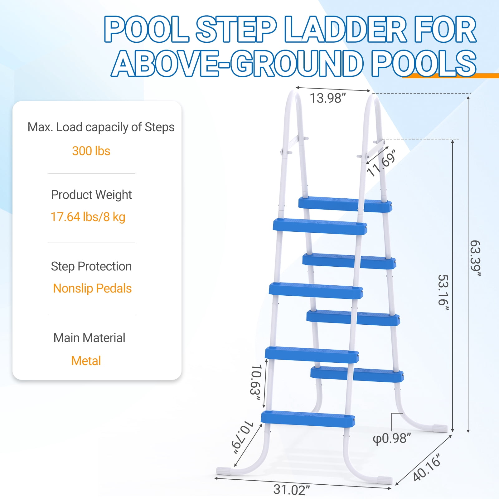 Zimtown 4-Step Pool Ladder, 52 Inch Above Ground Swimming Pool Ladder with White Metal Frame & Blue Steps, Heavy-Duty Entry Ladder