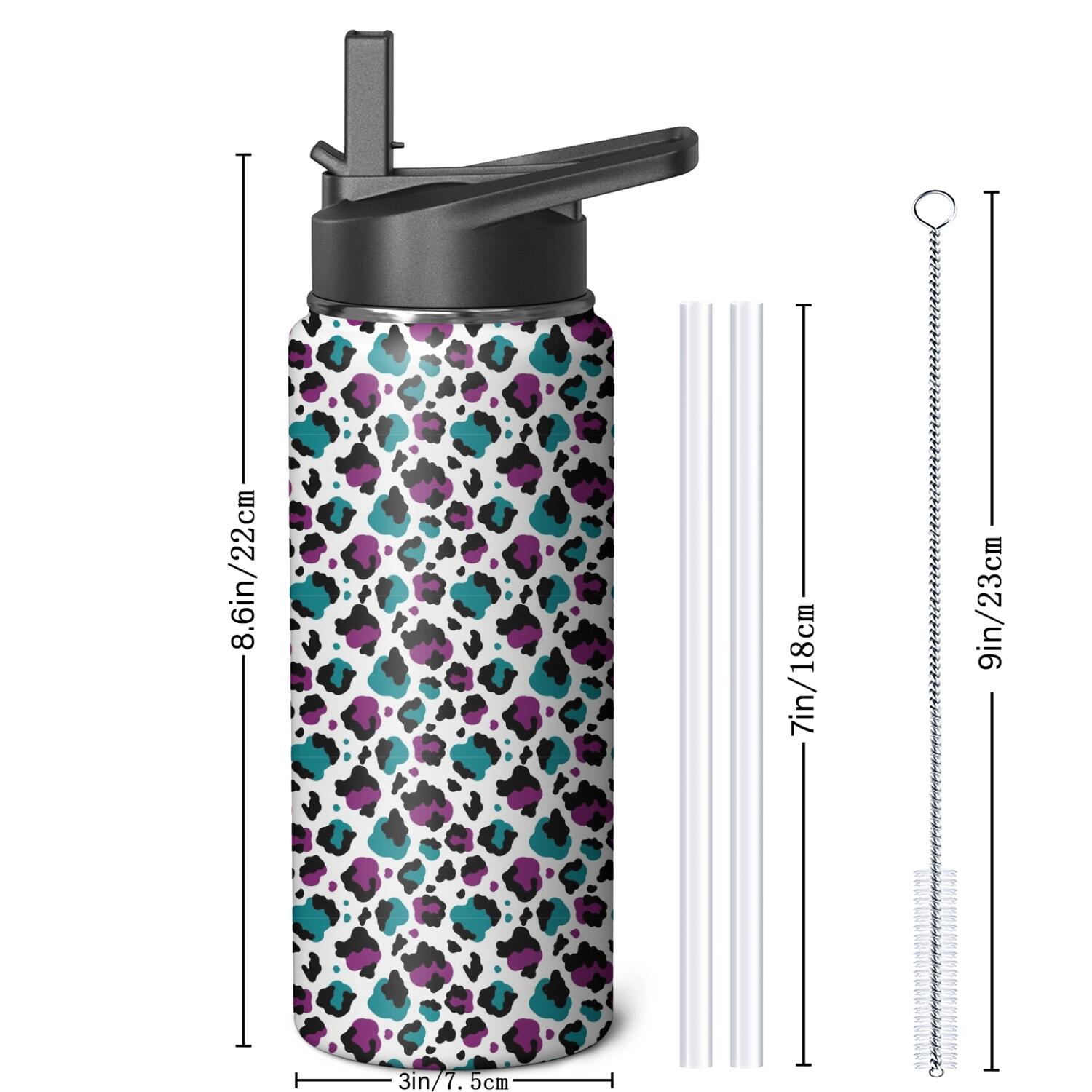 Leopard Print Insulated Stainless Steel Water Bottle with Straw & Cleaning Brush – 18 Oz | Leakproof, BPA-Free, 304 Stainless Steel, Wide Mouth, Travel Mug for Car, Gym, Office