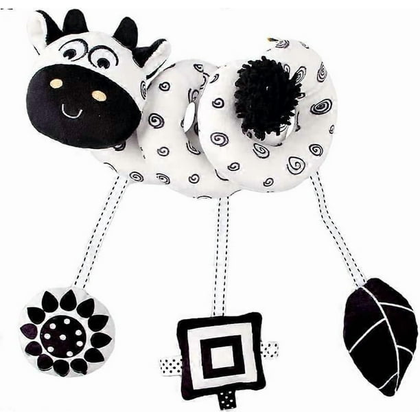 Hanging Toy Car seat Crib Move, Animal Circle Plush Toy Proller Black and White Squeak Animal Toy Travel Activity Hanging Wind Chimes 0-6 Months (Cow)
