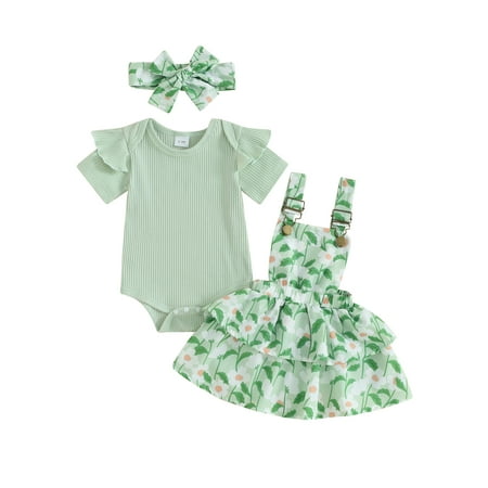 

Qtinghua Newborn Infant Baby Girls Summer Outfits Ruffle Short Sleeve Romper + Floral Suspender Skirt + Headband Clothes Light Green 18-24 Months